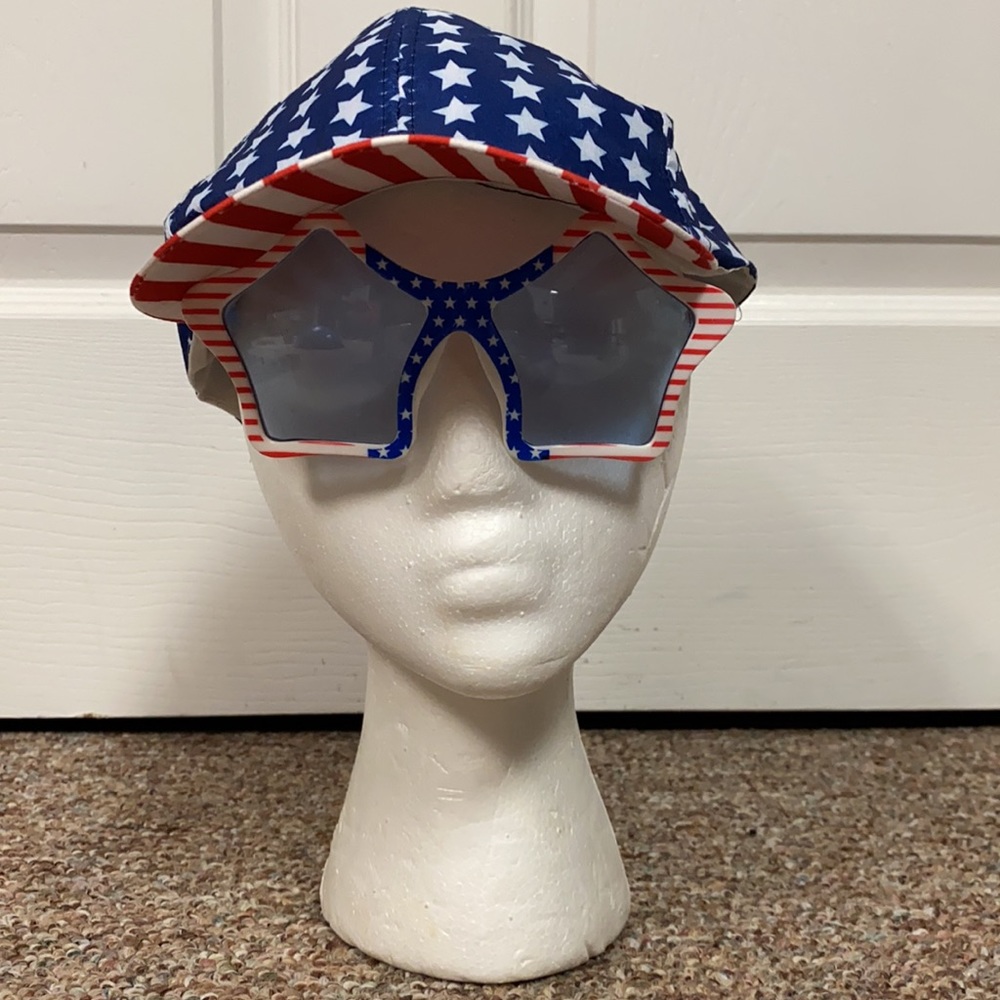 Lot of 3 patriotic Red, white &blue hat, sunglasses & lighted up star’s necklace